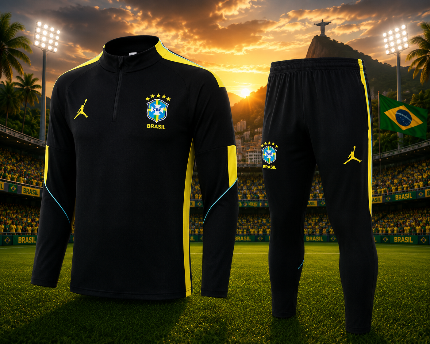 Ensemble Manche longue Brésil training 2026-2027 Noir/Jaune